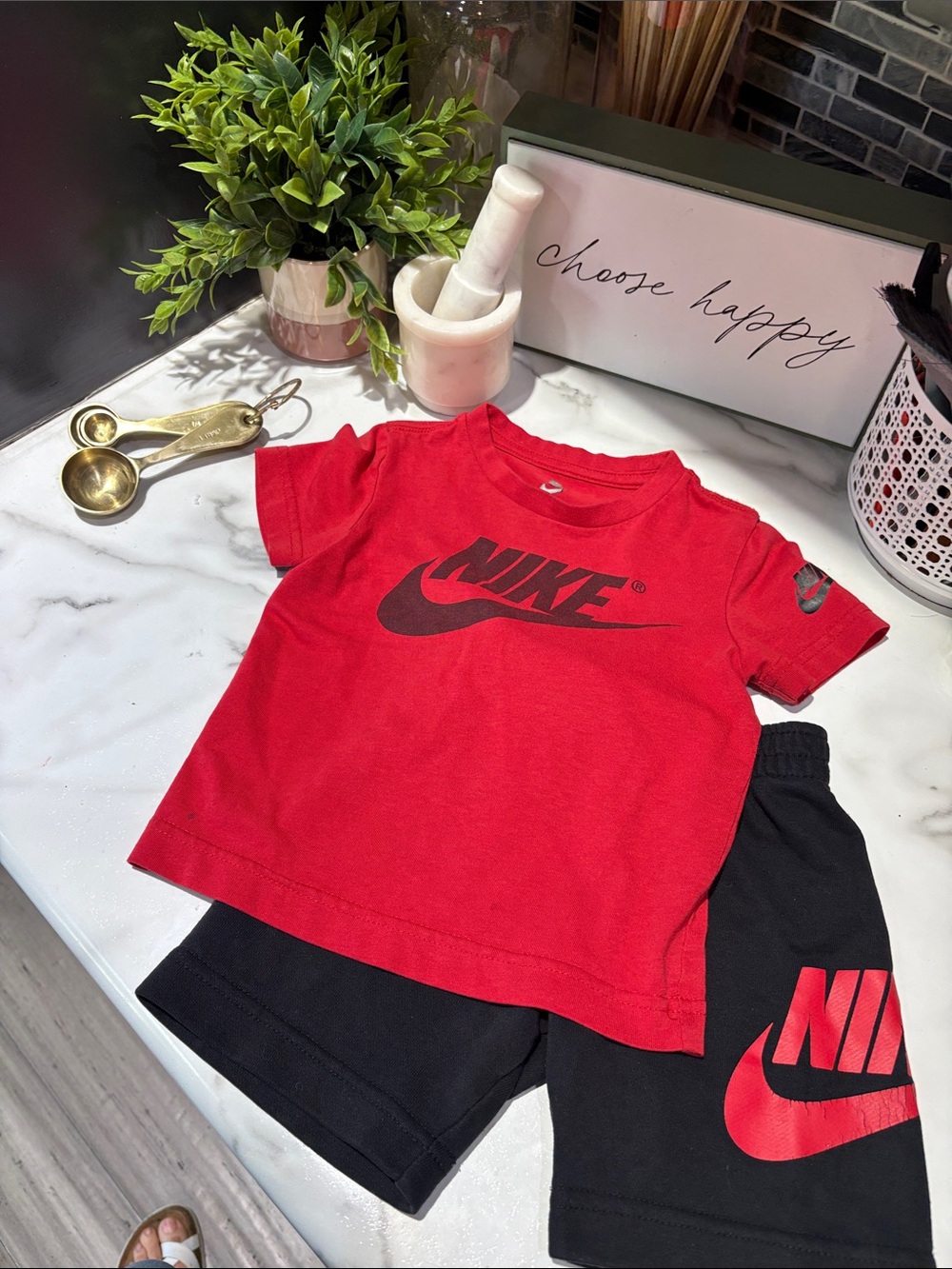Nike Red and Black Logo Tee with Black Shorts Set